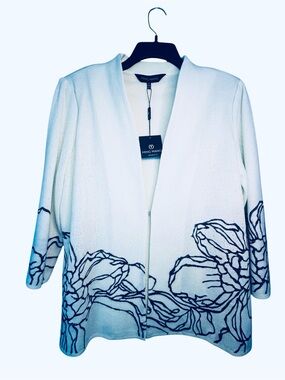 Ming Wang Green Open-Front Jacket with Navy Floral Outline